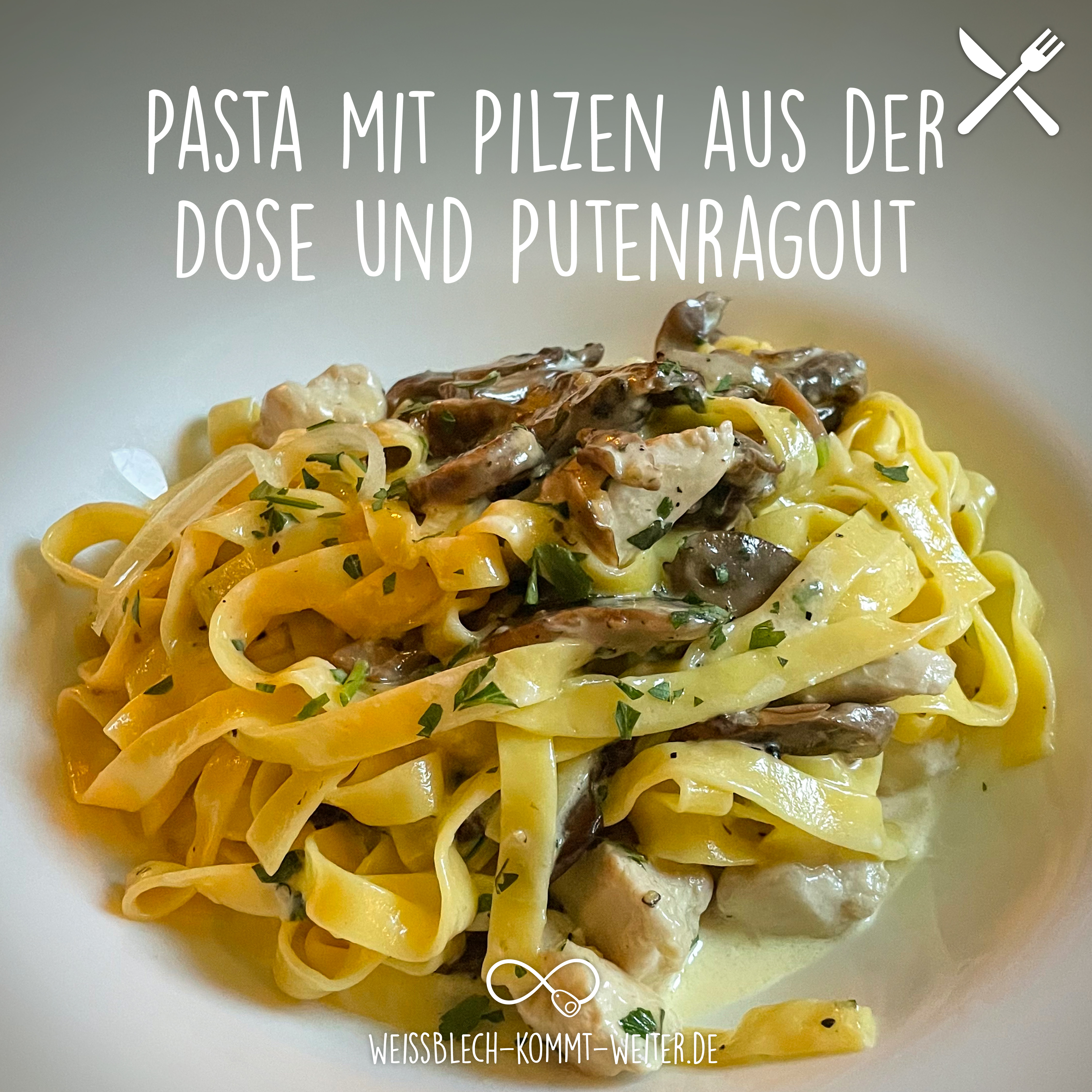 Pasta mit Pilzen aus der Dose und Putenragout